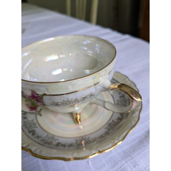 VTG Lusterware Iridescent 3 Footed D3041 Teacup & Saucer Floral Gold Trim Pink - Picture 9 of 16